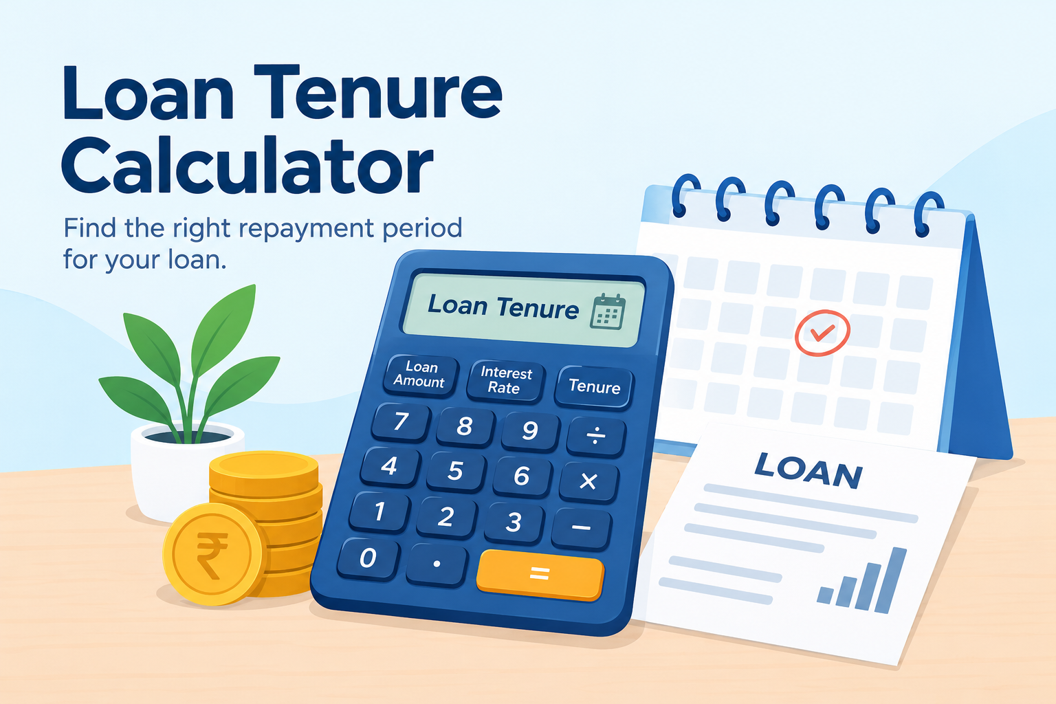 Loan tenure calculator with a financial calculator, calendar, and rupee coins to help borrowers estimate loan repayment duration, compare EMIs, and plan affordable loan repayments.